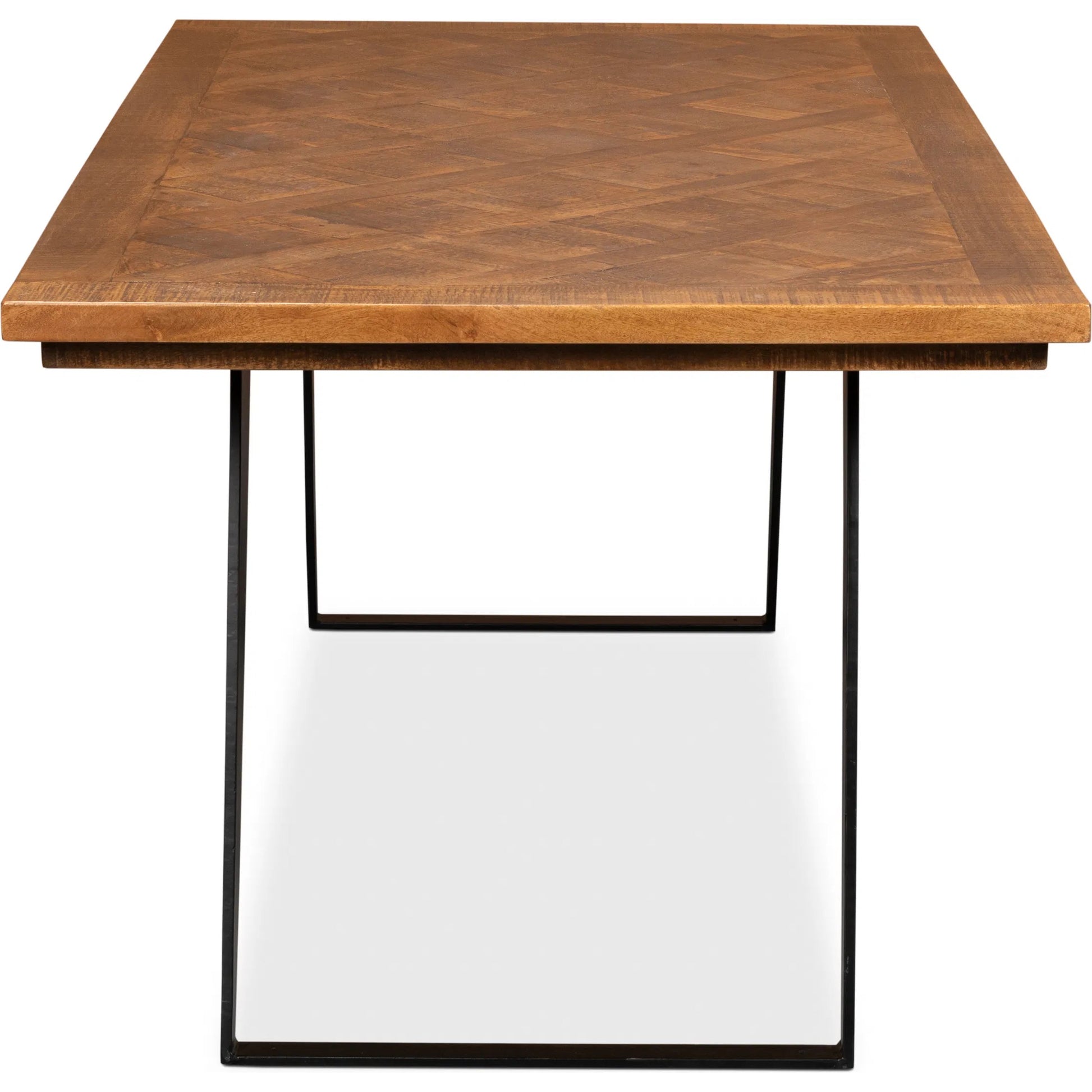 Paige Parquet Top Dining Table by Sarreid Ltd. in brown. Made from mango, powder coated legs in a modern style.