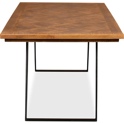 Paige Parquet Top Dining Table by Sarreid Ltd. in brown. Made from mango, powder coated legs in a modern style.