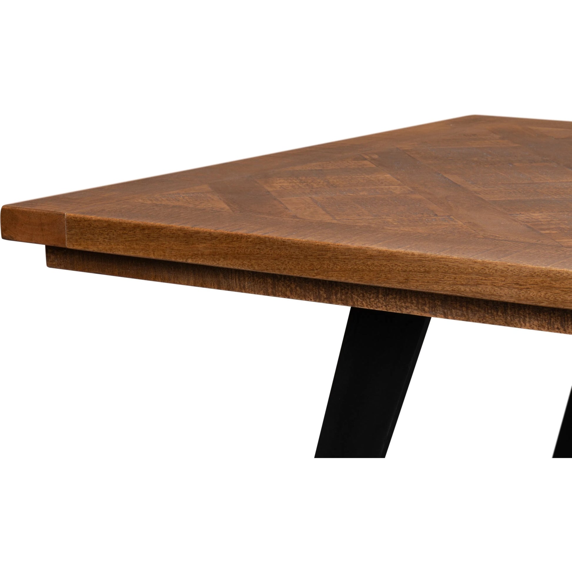 Paige Parquet Top Dining Table by Sarreid Ltd. in brown. Made from mango, powder coated legs in a modern style.