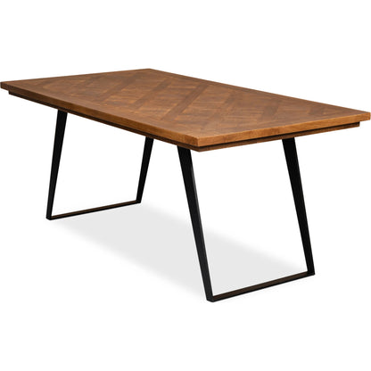 Paige Parquet Top Dining Table by Sarreid Ltd. in brown. Made from mango, powder coated legs in a modern style.