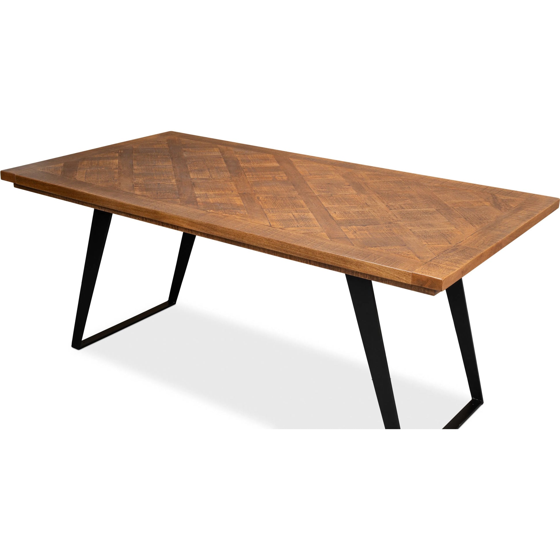 Paige Parquet Top Dining Table by Sarreid Ltd. in brown. Made from mango, powder coated legs in a modern style.