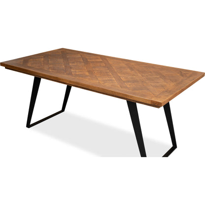 Paige Parquet Top Dining Table by Sarreid Ltd. in brown. Made from mango, powder coated legs in a modern style.