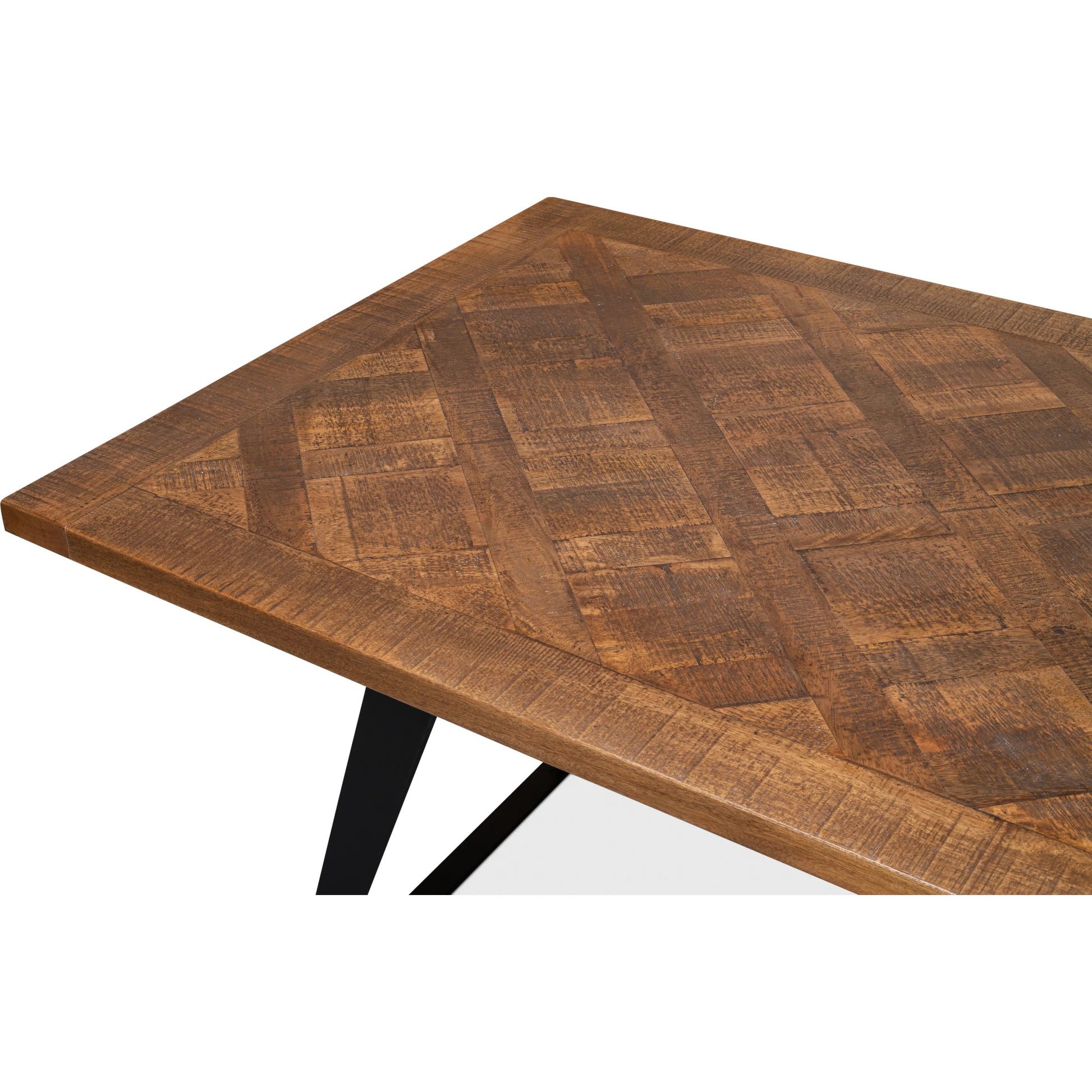Paige Parquet Top Dining Table by Sarreid Ltd. in brown. Made from mango, powder coated legs in a modern style.