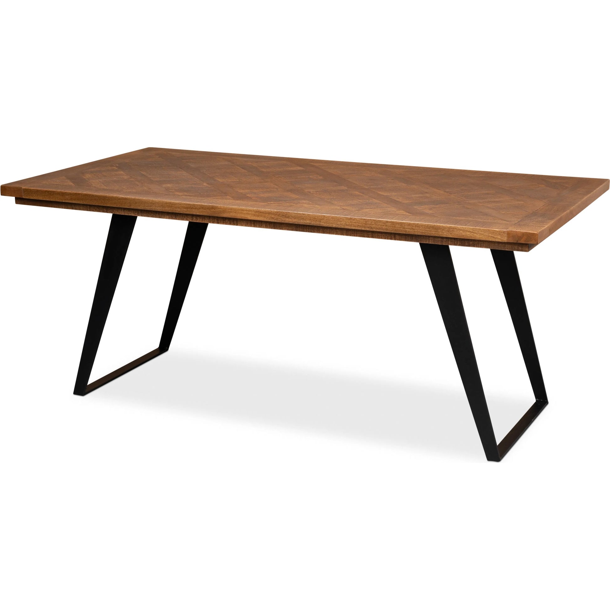 Paige Parquet Top Dining Table by Sarreid Ltd. in brown. Made from mango, powder coated legs in a modern style.