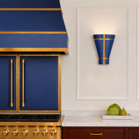 Brasserie 1 Light Sconce by Varaluz in blue. Made from steel in a unique style.