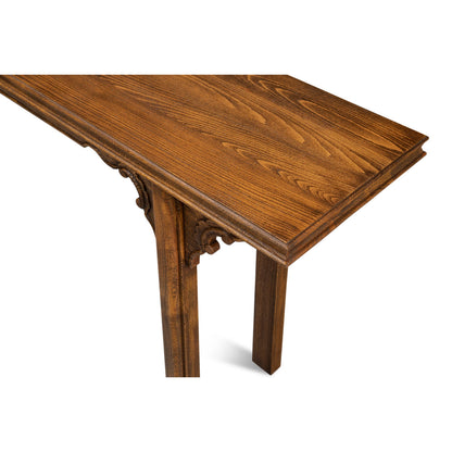 Equestrian Console Table by Sarreid Ltd. in brown husk. Made from beechwood in a traditional style.