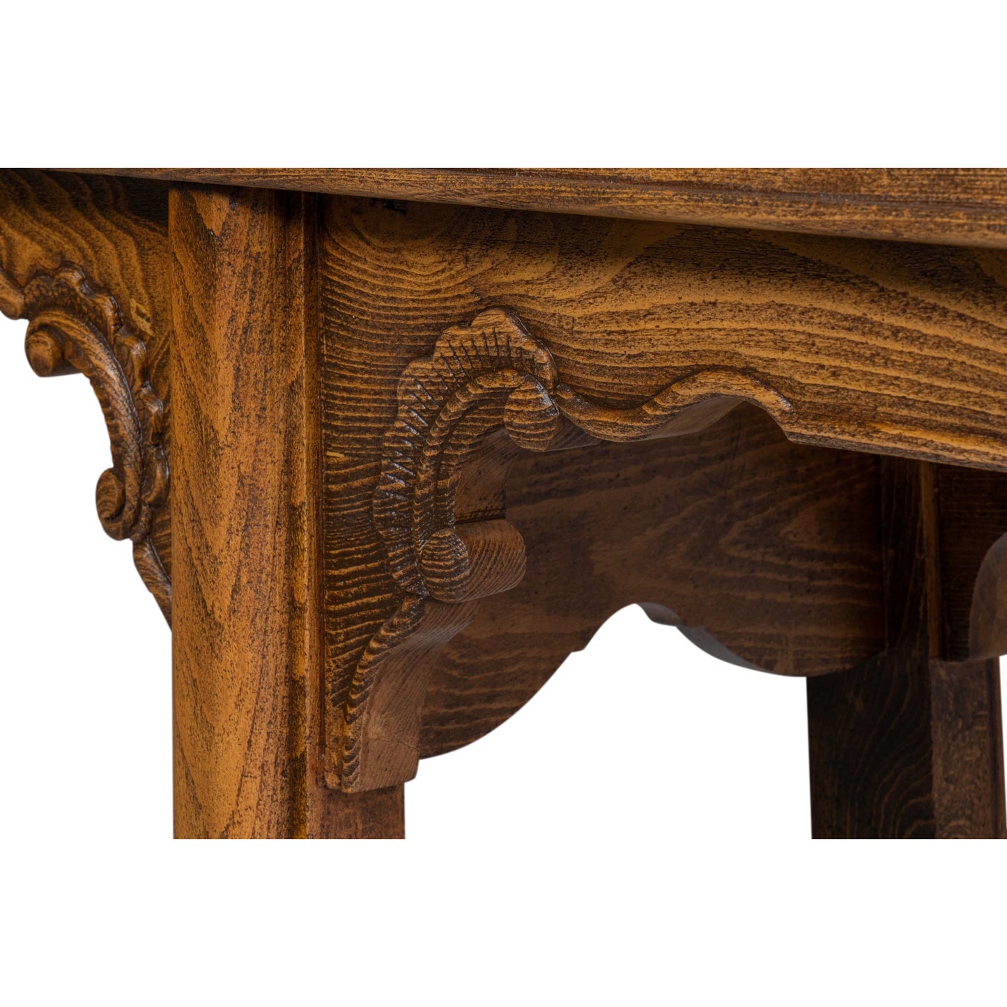 012 SI-2372503 | Closeup | Equestrian Console Table by Sarreid Ltd. in brown husk. Made from beechwood in a traditional style.