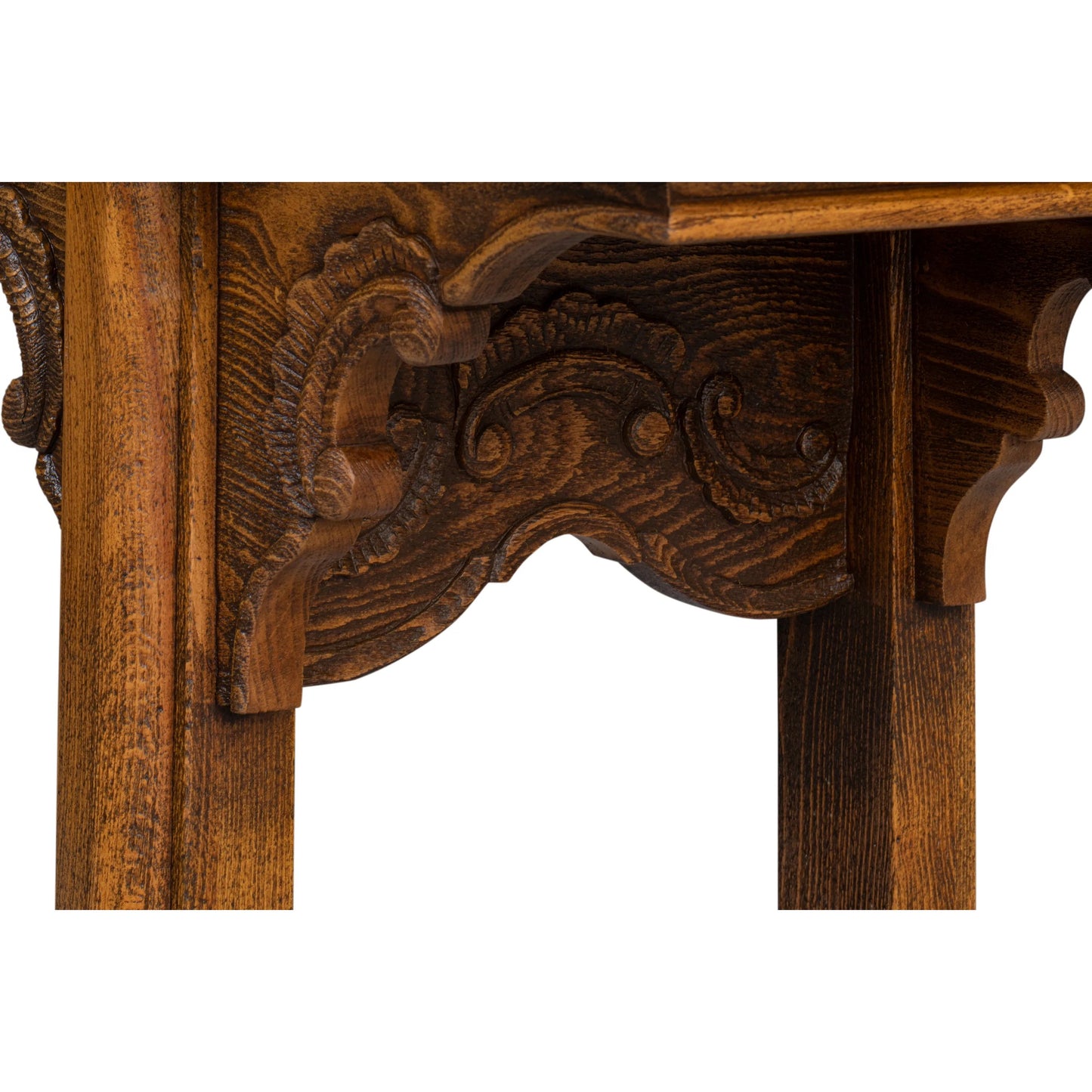 008 SI-2372503 | Closeup | Equestrian Console Table by Sarreid Ltd. in brown husk. Made from beechwood in a traditional style.