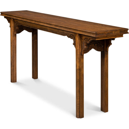 Equestrian Console Table by Sarreid Ltd. in brown husk. Made from beechwood in a traditional style.