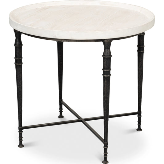 Nathaniel Elegance Side Table by Sarreid Ltd. in antique black, off white. Made from pine, iron in a modern style.