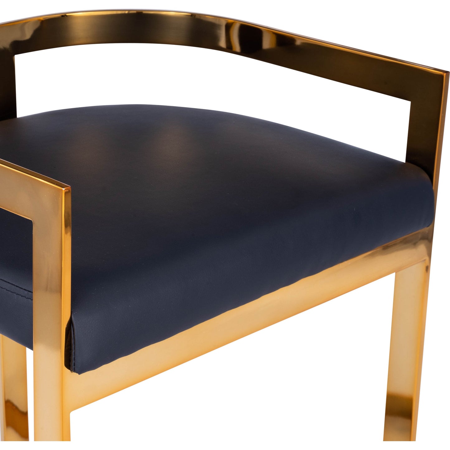 008 SR-770445 | Closeup | Clarence Counter Stool by Butler Specialty Company. Made from iron, gold plated finish, mdf, fabric, faux leather, polyvinyl, polyurethane cushion core: seat height, 25" h in a modern style.