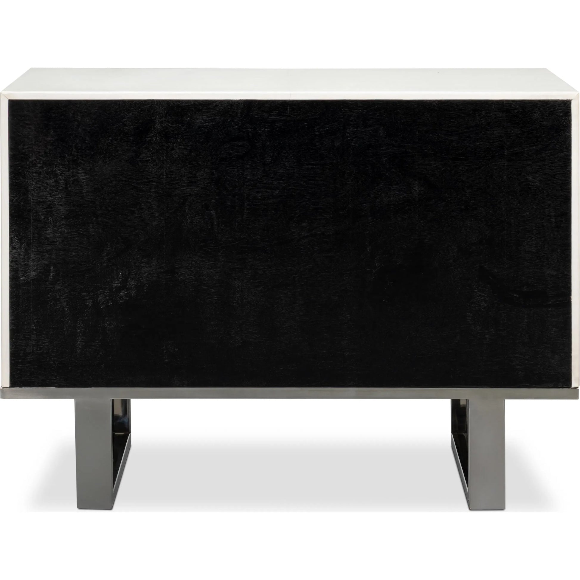 Bronzini Credenza, Small by Sarreid Ltd. in white. Made from leather covered mdf, iron base, embossed white leather in a unique style.