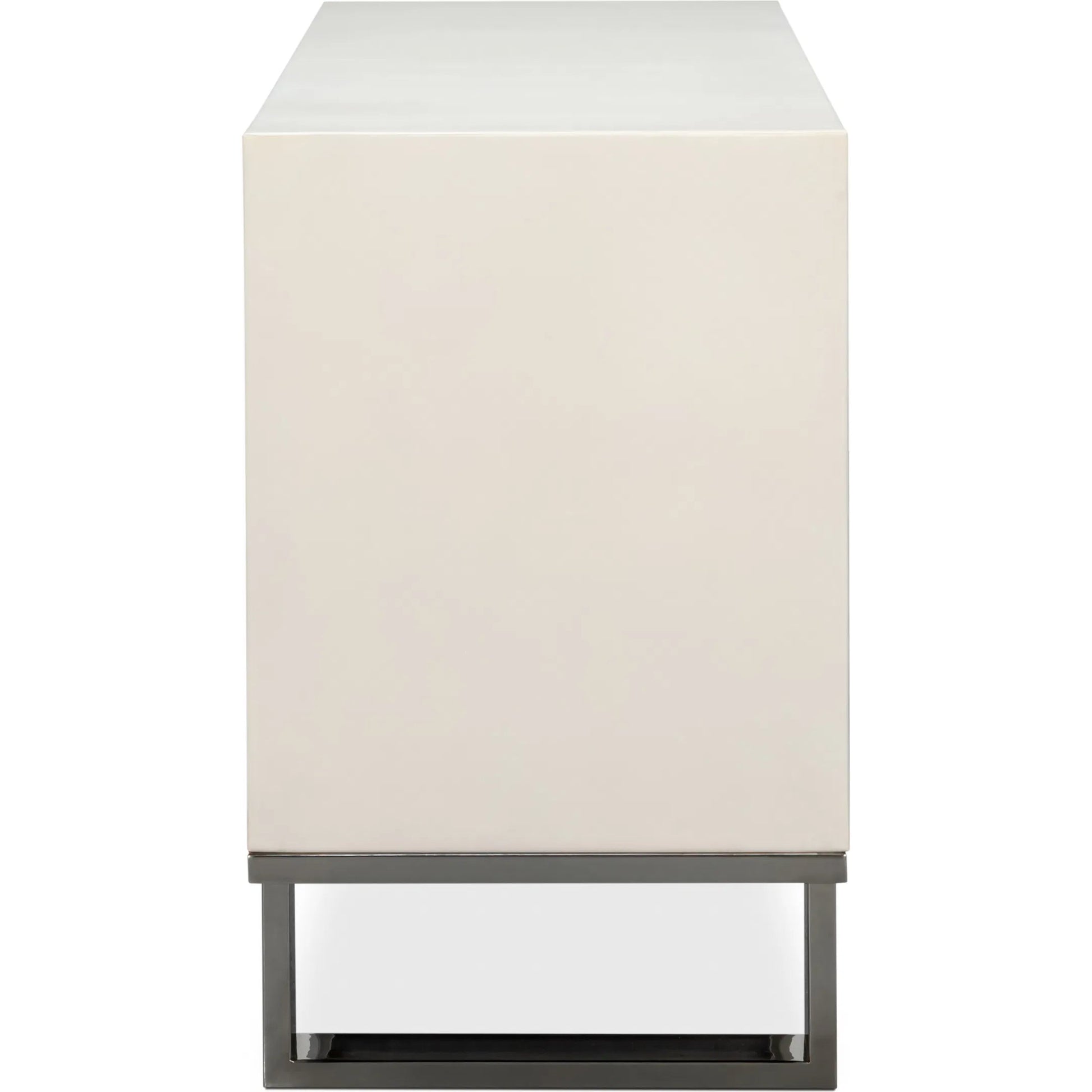 Bronzini Credenza, Small by Sarreid Ltd. in white. Made from leather covered mdf, iron base, embossed white leather in a unique style.