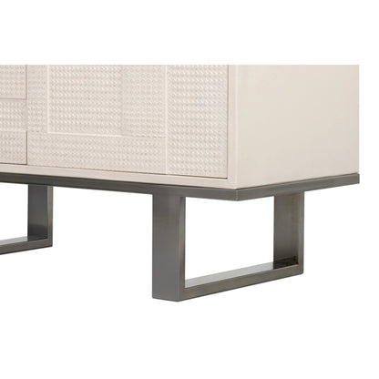 Bronzini Credenza, Small by Sarreid Ltd. in white. Made from leather covered mdf, iron base, embossed white leather in a unique style.