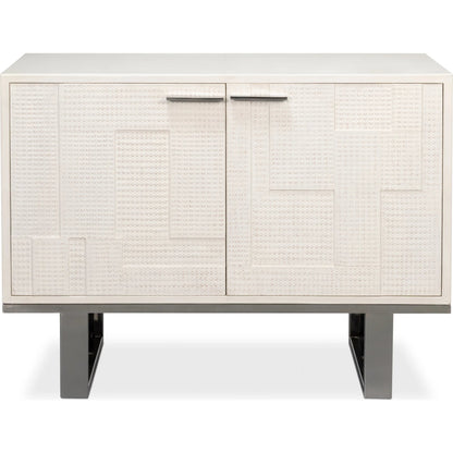 Bronzini Credenza, Small by Sarreid Ltd. in white. Made from leather covered mdf, iron base, embossed white leather in a unique style.