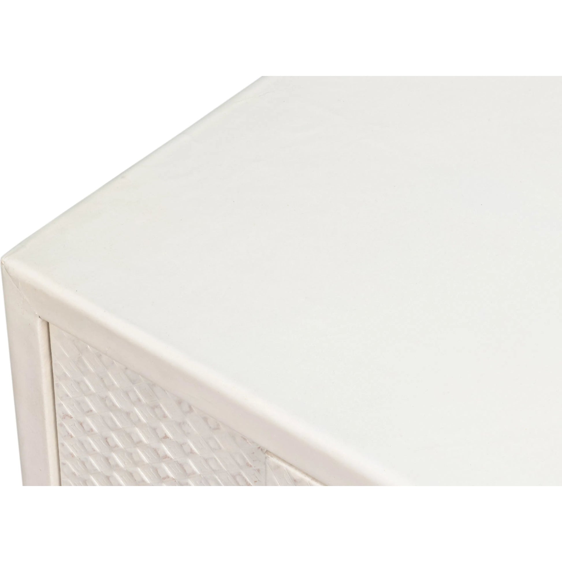 Bronzini Credenza, Small by Sarreid Ltd. in white. Made from leather covered mdf, iron base, embossed white leather in a unique style.