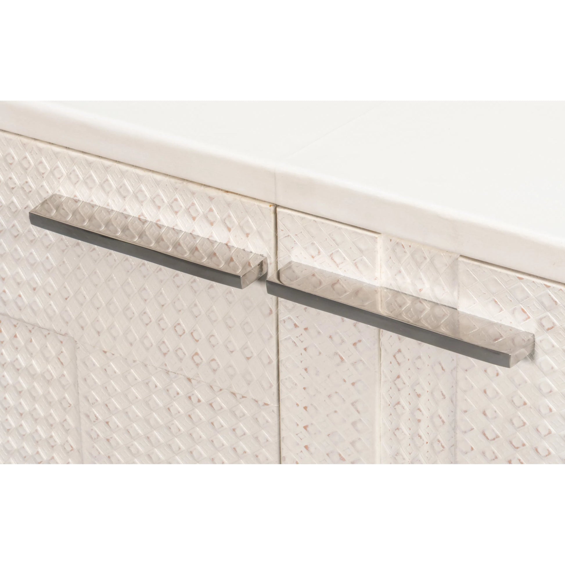 Bronzini Credenza, Small by Sarreid Ltd. in white. Made from leather covered mdf, iron base, embossed white leather in a unique style.