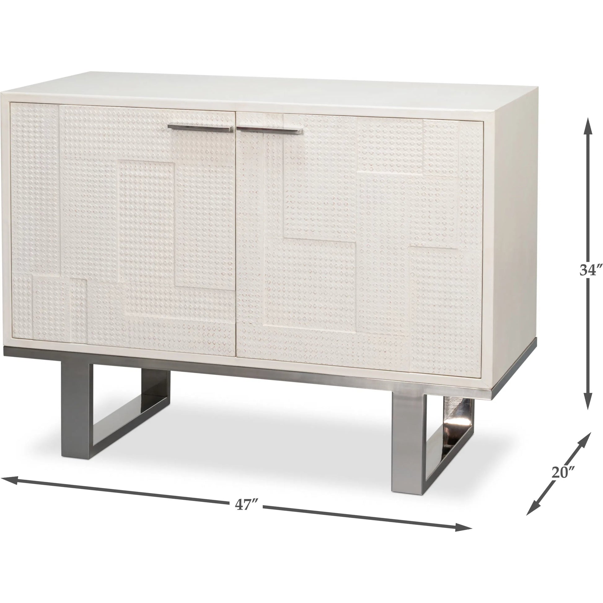 Bronzini Credenza, Small by Sarreid Ltd. in white. Made from leather covered mdf, iron base, embossed white leather in a unique style.