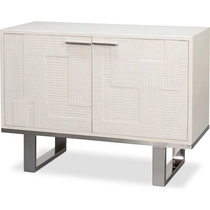 Bronzini Credenza, Small by Sarreid Ltd. in white. Made from leather covered mdf, iron base, embossed white leather in a unique style.