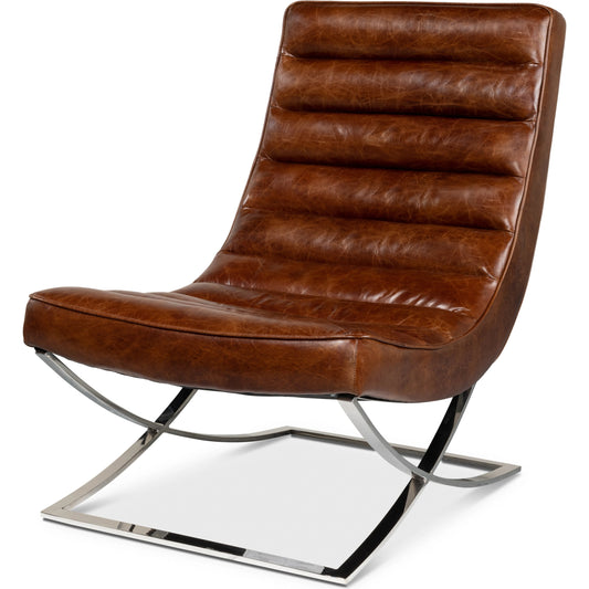 Cassino Lounge Chair by Sarreid Ltd. in newark brown. Made from cowhide leather, silver stainless steel in a transitional style.