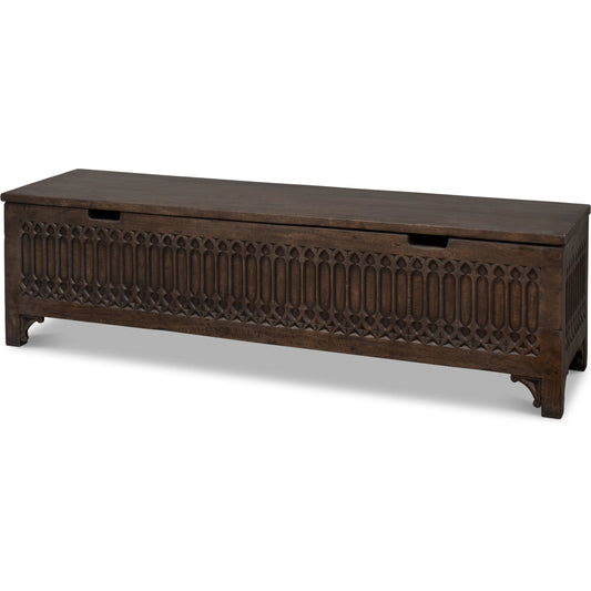 Aarush Trunk by Sarreid Ltd. in brown and wood, hand carved details. Made from unique in a unique style.