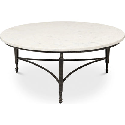Mykos Round Coffee Table by Sarreid Ltd. in white. Made from iron, white banswara marble in a modern style.