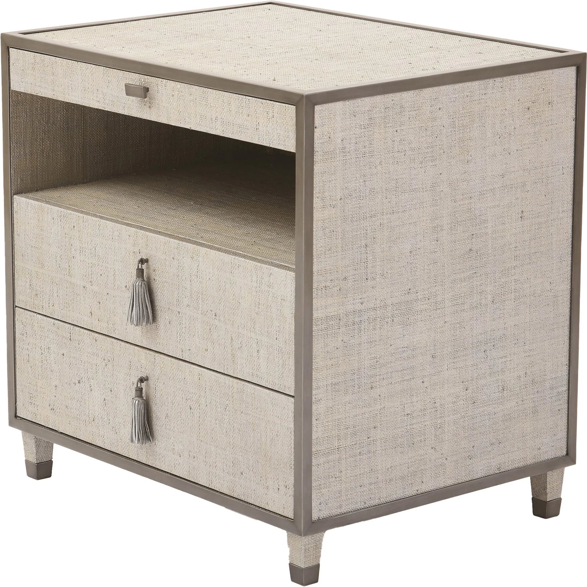 Argento Bedside Chest by Global Views in pewter. Made from acacia, beech, mdf, poplar, raffia, steel in a transitional style.