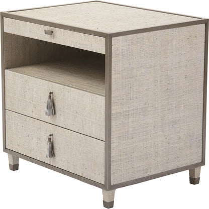 Argento Bedside Chest by Global Views in pewter. Made from acacia, beech, mdf, poplar, raffia, steel in a transitional style.
