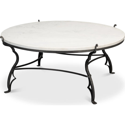 Marylin Coffee Table with Marble Top by Sarreid Ltd. in white. Made from iron, baswara marble, old iron, white marble top in a unique style.