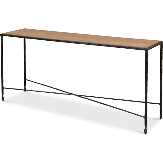 Castle Gate Console Table with Parquet Top by Sarreid Ltd. in brown. Made from mango wood in a unique style.