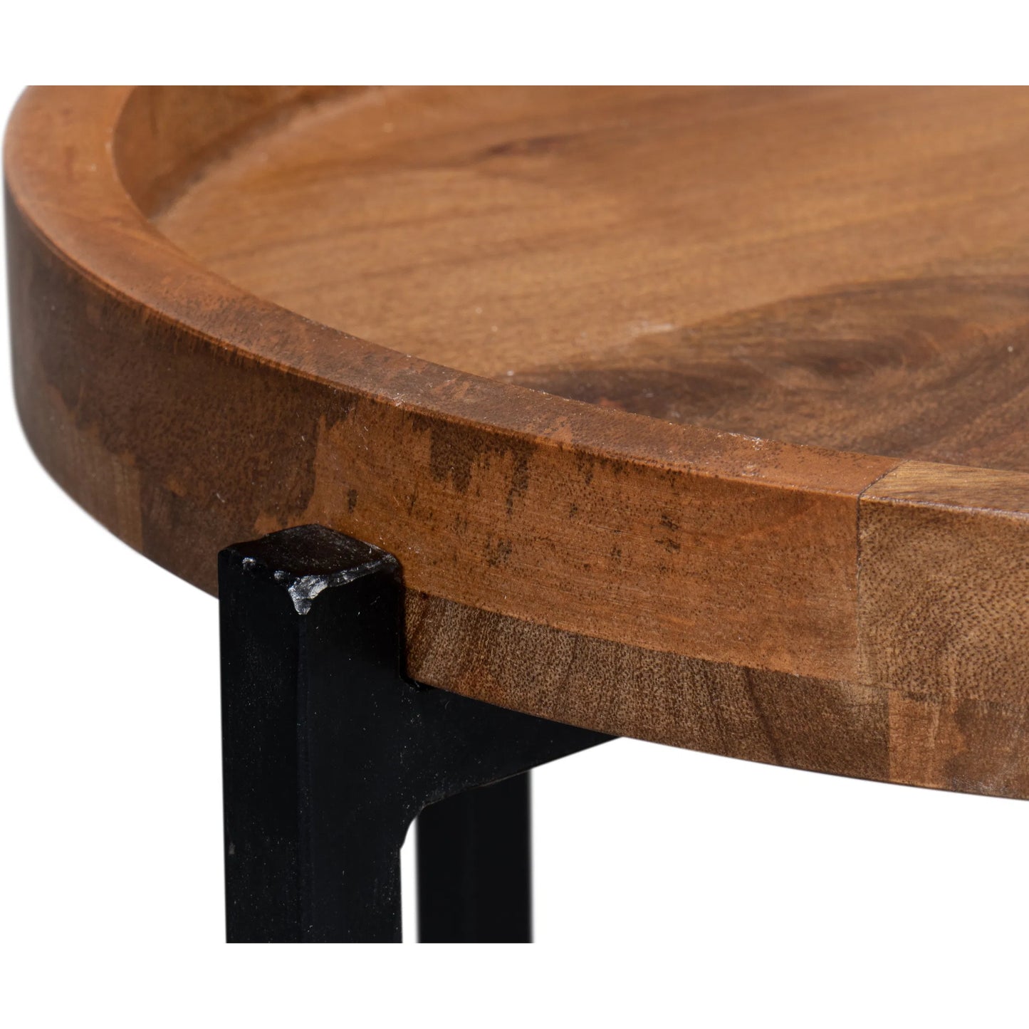 009 SI-2372564 | Closeup | Profile Round End Table by Sarreid Ltd. in brown. Made from iron, mango wood in a transitional style.