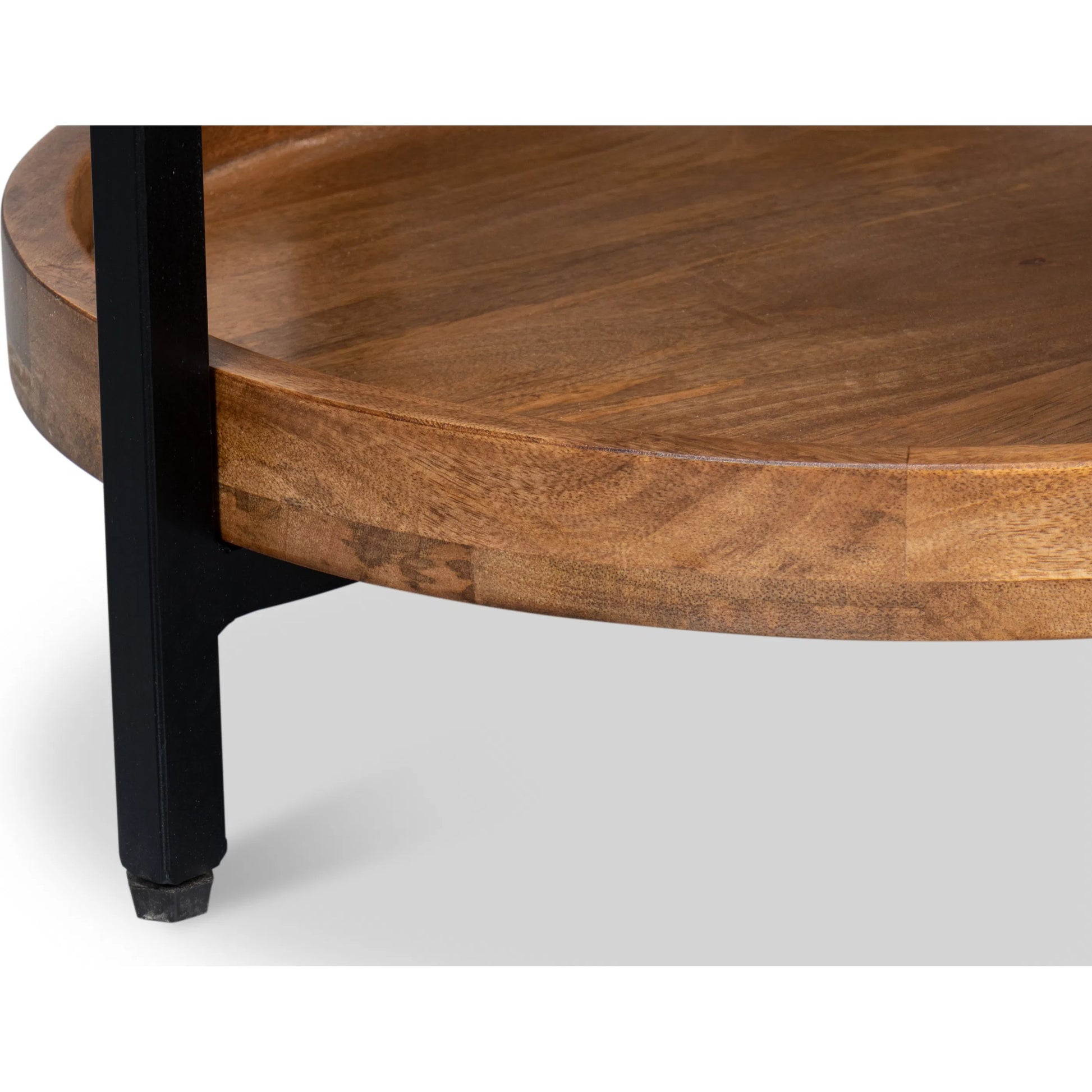Profile Round End Table by Sarreid Ltd. in brown. Made from iron, mango wood in a transitional style.