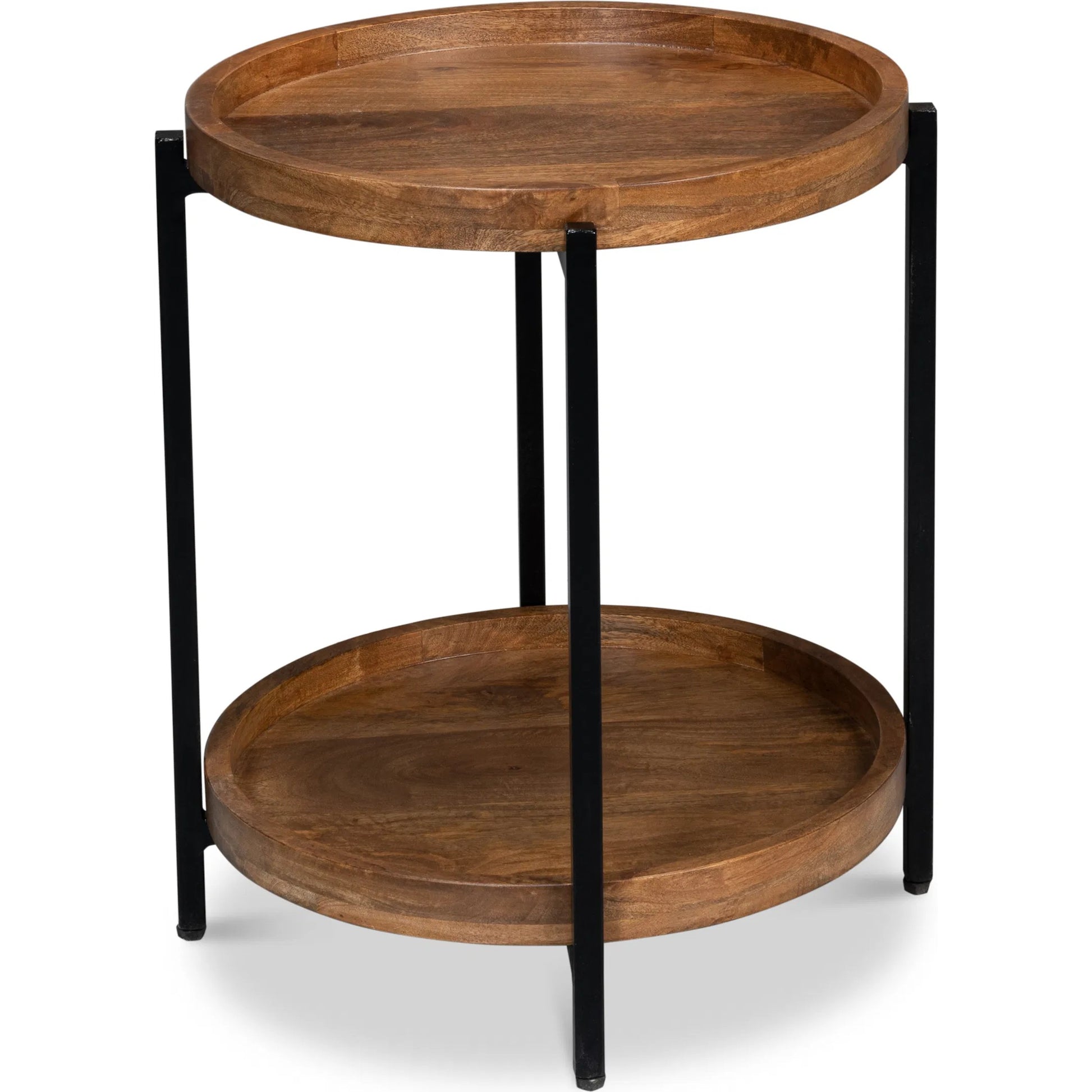 Profile Round End Table by Sarreid Ltd. in brown. Made from iron, mango wood in a transitional style.