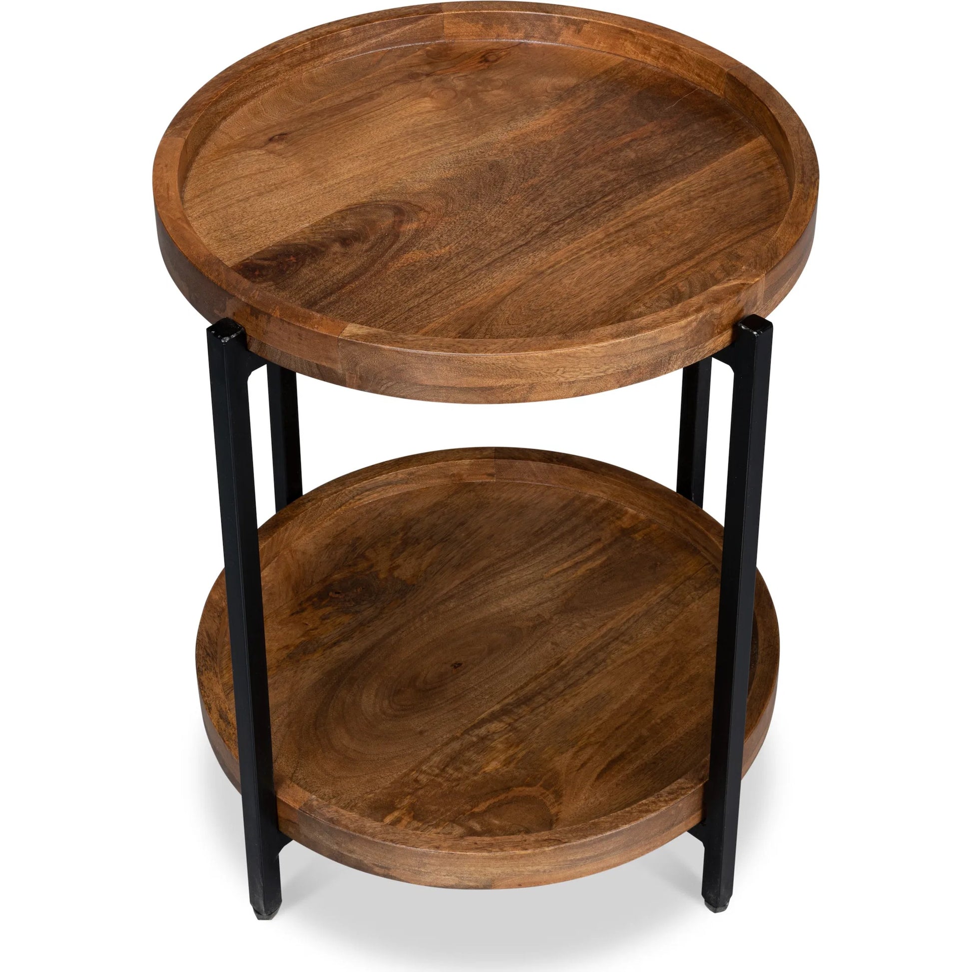 Profile Round End Table by Sarreid Ltd. in brown. Made from iron, mango wood in a transitional style.