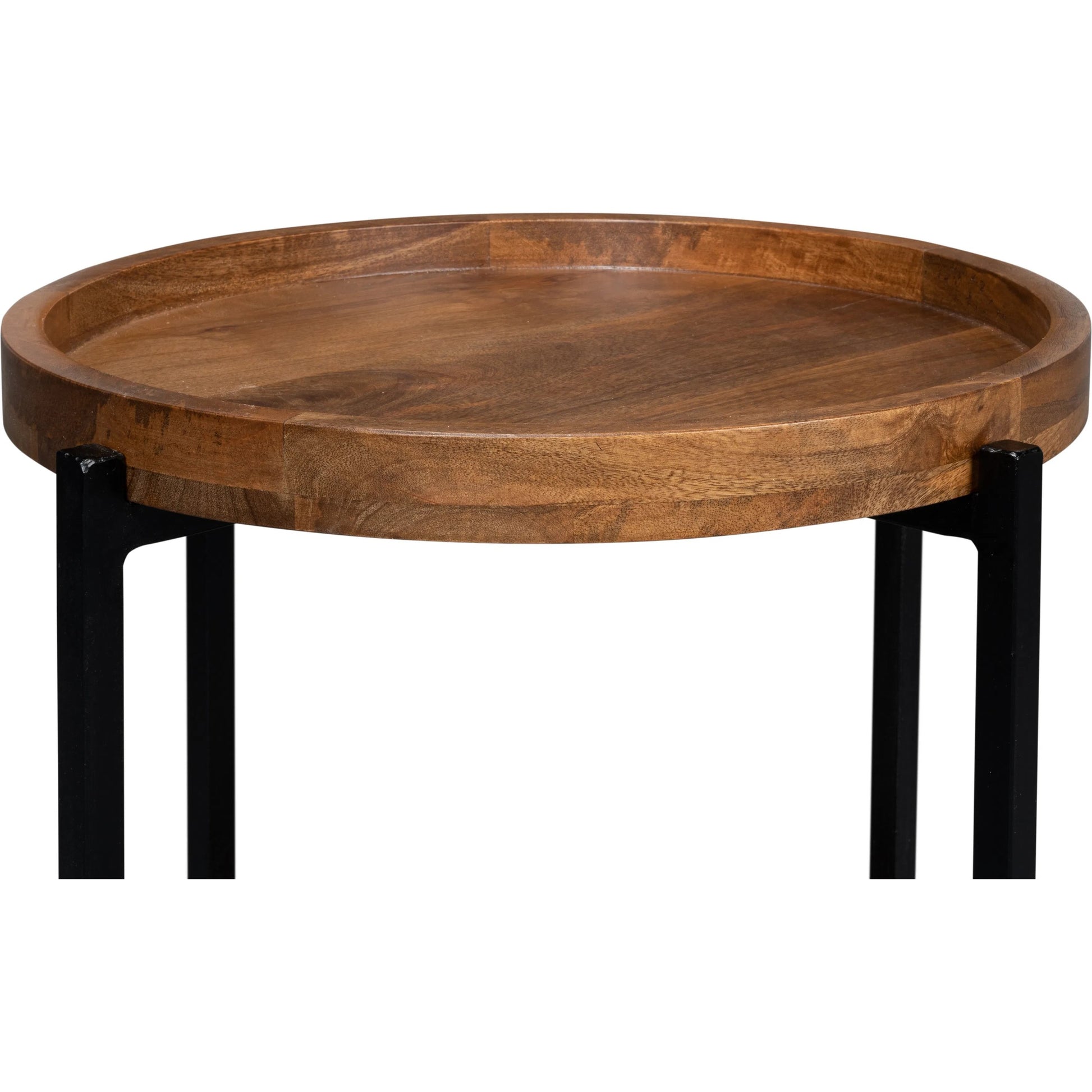 Profile Round End Table by Sarreid Ltd. in brown. Made from iron, mango wood in a transitional style.