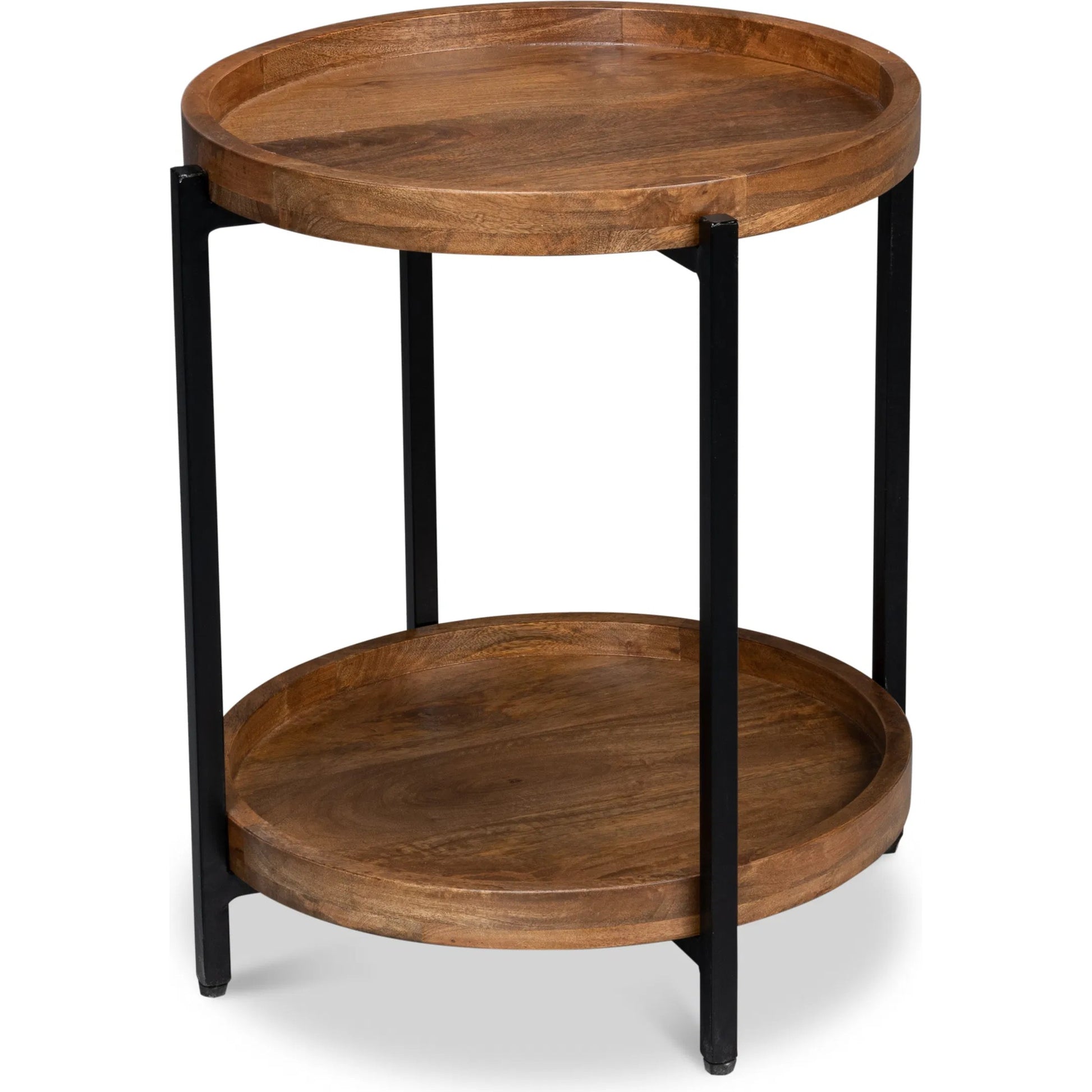 Profile Round End Table by Sarreid Ltd. in brown. Made from iron, mango wood in a transitional style.