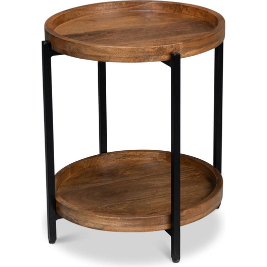 Profile Round End Table by Sarreid Ltd. in brown. Made from iron, mango wood in a unique style.