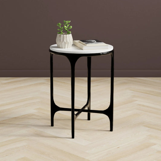 Anapa Round End Table by Sarreid Ltd. in white and iron, marble. Made from unique in a unique style.