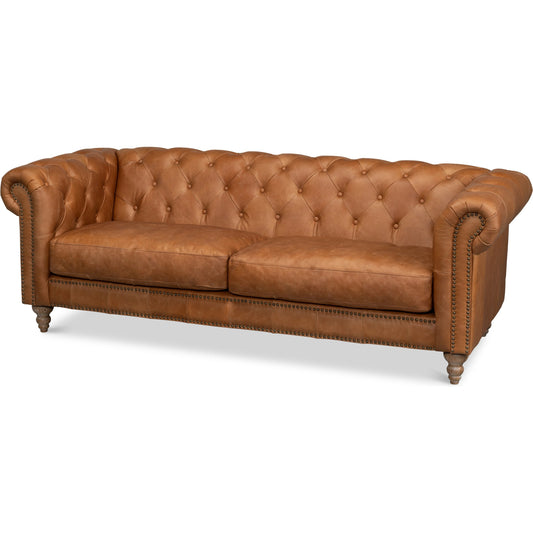 Kingston Sofa by Sarreid Ltd. in brown. Made from top grain leather, ash in a transitional style.