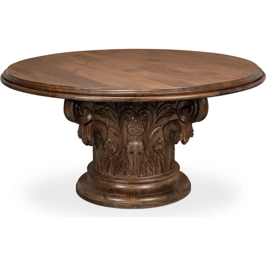 Hestia Carved Round Dining Table by Sarreid Ltd. in brown. Made from mango wood, marble in a unique style.