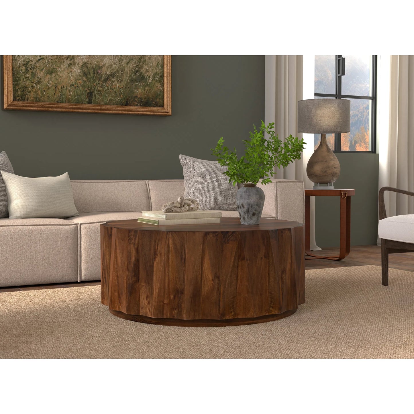 013 SI-2372491 | Lifestyle | Denali Round Cocktail Table by Sarreid Ltd. in brown. Made from mango wood in a transitional style.