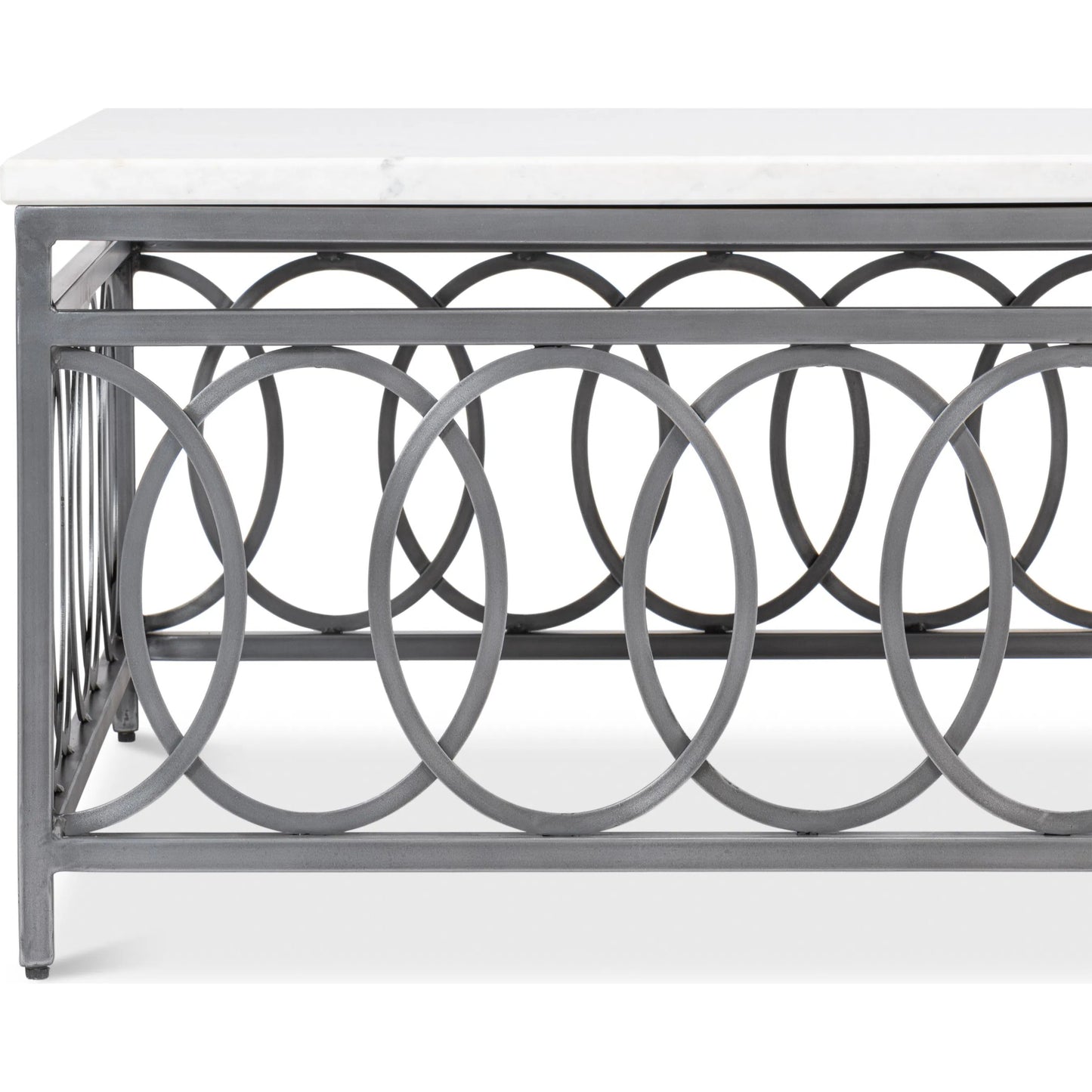 013 SI-2372549 | Closeup | Olympia Square Coffee Table by Sarreid Ltd. in old iron. Made from iron, white banswara marble top in a modern style.