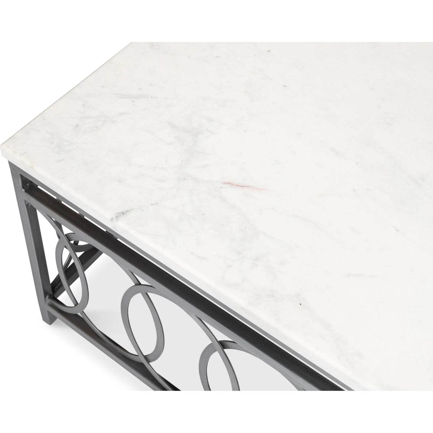 010 SI-2372549 | Closeup | Olympia Square Coffee Table by Sarreid Ltd. in old iron. Made from iron, white banswara marble top in a modern style.