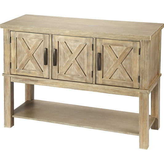 Chateau Buffet by Butler Specialty Company in natural wood and urban gray. Made from acacia wood, birch veneer, mdf, plywood, steel, antique finish in a cottage & farmhouse style.