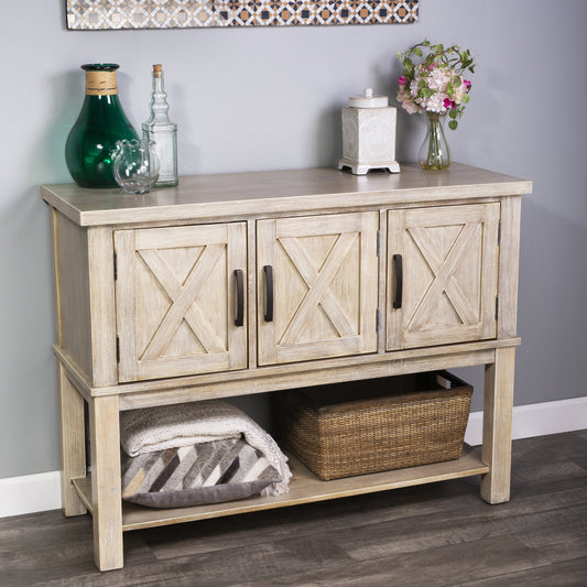 Chateau Buffet by Butler Specialty Company in natural wood and urban gray. Made from acacia wood, birch veneer, mdf, plywood, steel, antique finish in a cottage & farmhouse style.