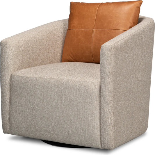 Bronson Swivel Chair by Sarreid Ltd. in beige. Made from beechwood, fabric, leather in a unique style.