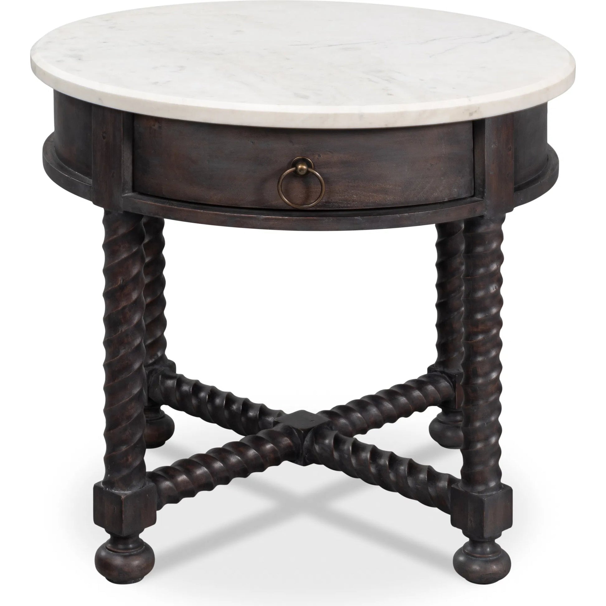 Barley Side Table by Sarreid Ltd. in brown. Made from acacia wood, white banswara marble in a traditional style.