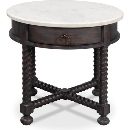 Barley Side Table by Sarreid Ltd. in brown. Made from acacia wood, white banswara marble in a traditional style.