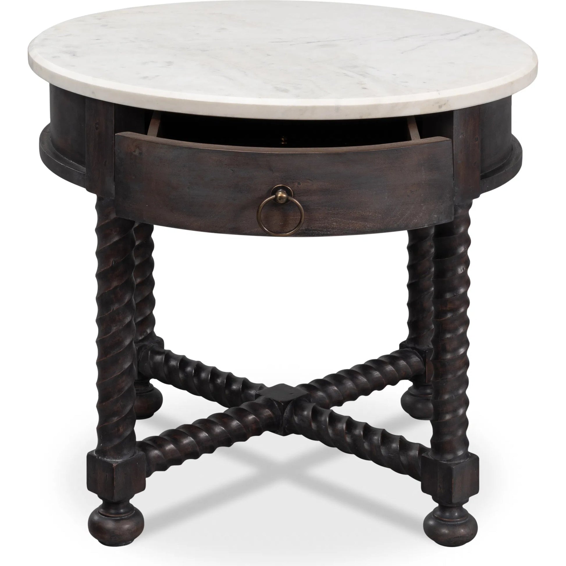 Barley Side Table by Sarreid Ltd. in brown. Made from acacia wood, white banswara marble in a traditional style.