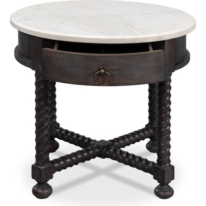 Barley Side Table by Sarreid Ltd. in brown. Made from acacia wood, white banswara marble in a traditional style.